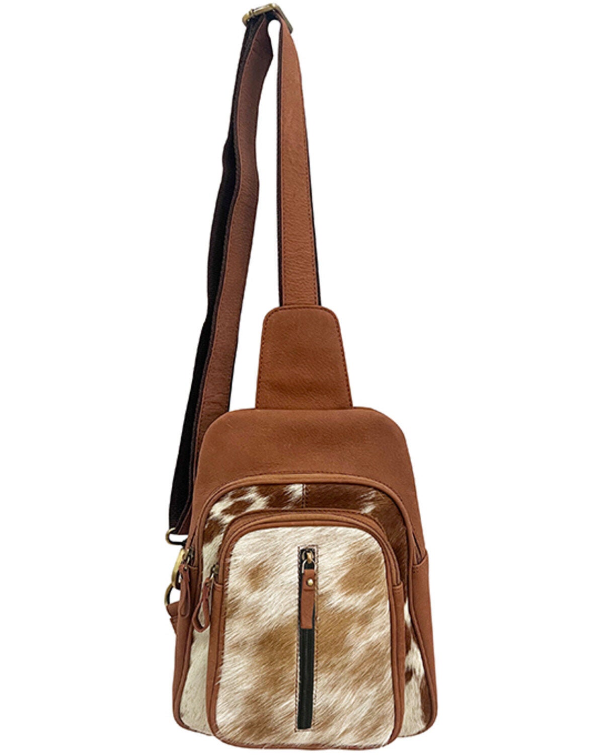 Myra Bag Women's Mountain Bend Hair-On Hide Bucket Crossbody Sling Bag, Brown, hi-res