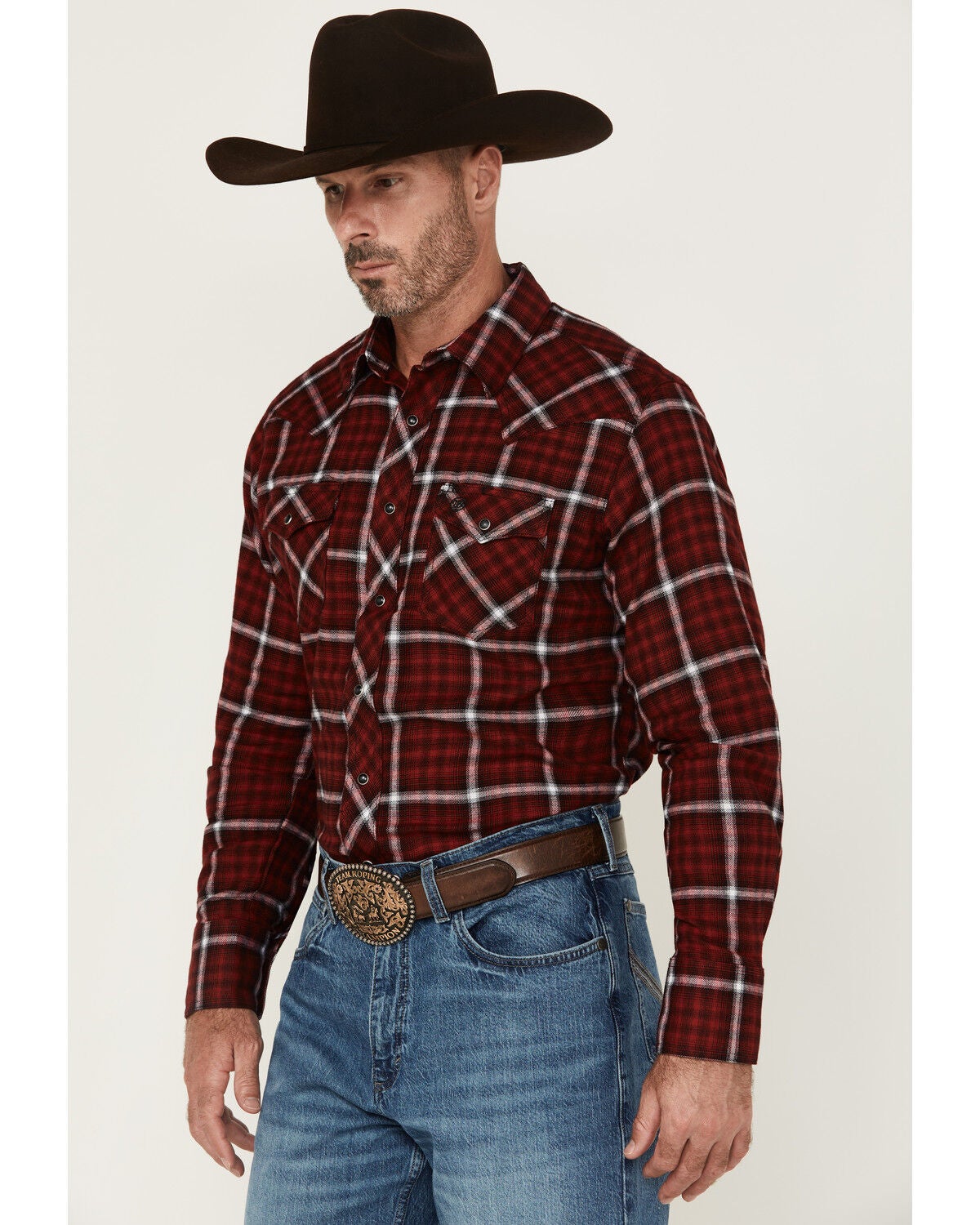 Wrangler Retro Men's Plaid Print Long Sleeve Snap Flannel Shirt, Red, hi-res