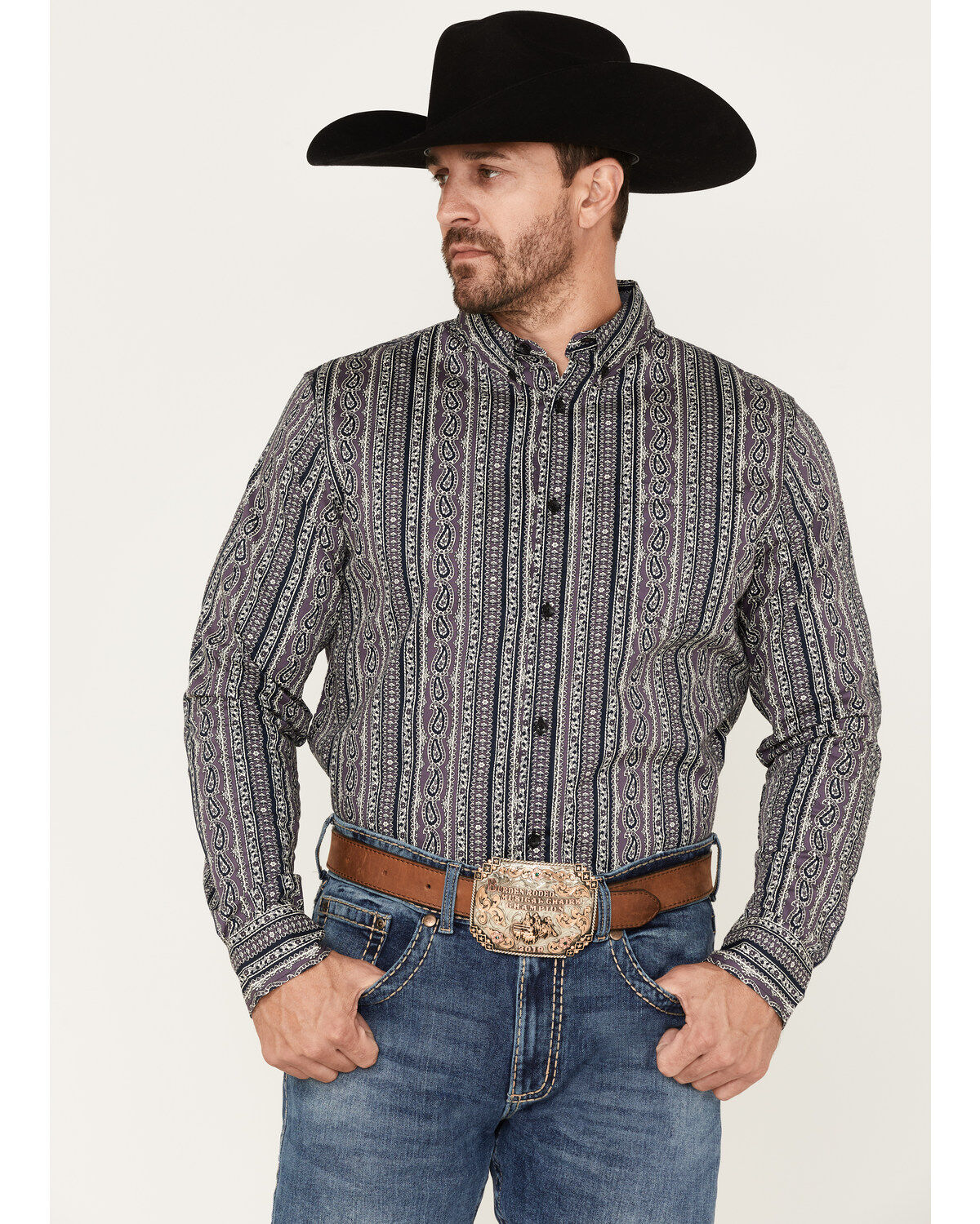 Image #1 - Cody James Men's Marsh Paisley Print Button Down Western Shirt, Purple, hi-res