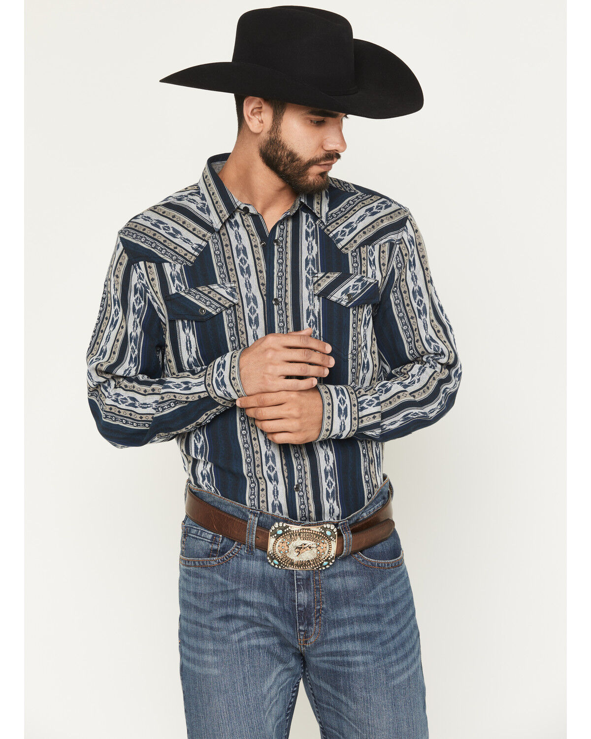 Image #1 - Cody James Men's Ford Southwestern Stripe Print Long Sleeve Snap Western Shirt, Blue, hi-res
