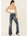 Flying Tomato Women's High Rise Dark Acid Wash Front Pintuck Flare Jeans, Indigo, hi-res