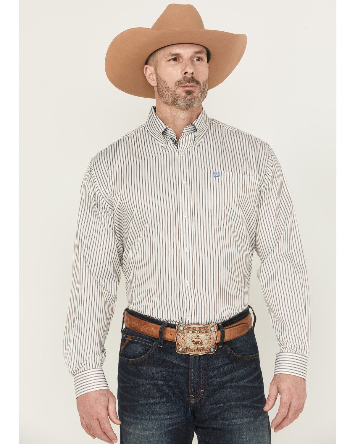 Cinch Men's Striped Print Tencel Long Sleeve Button-Down Western Shirt, Cream, hi-res