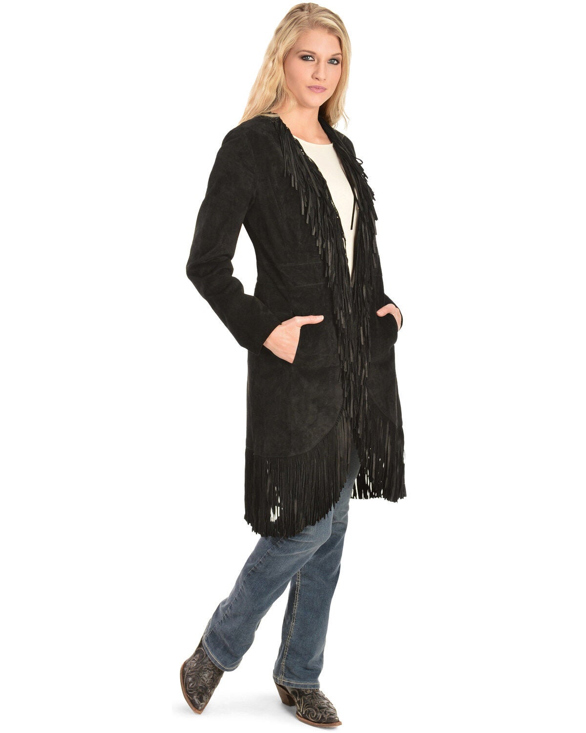 Scully Women's Suede Fringe Maxi Coat, Black, hi-res