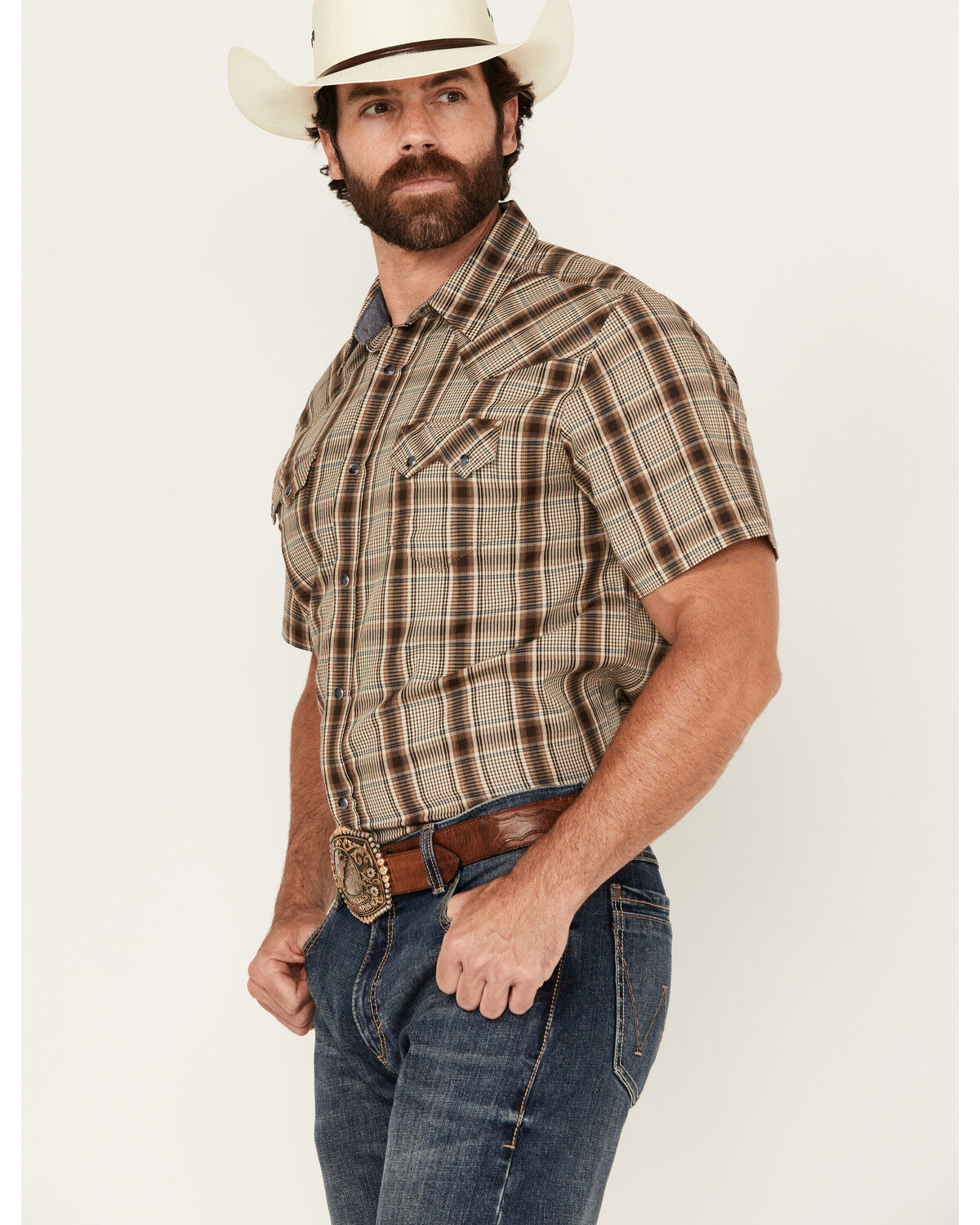 Image #2 - Cody James Men's Poncho Plaid Print Short Sleeve Snap Western Shirt, Brown, hi-res
