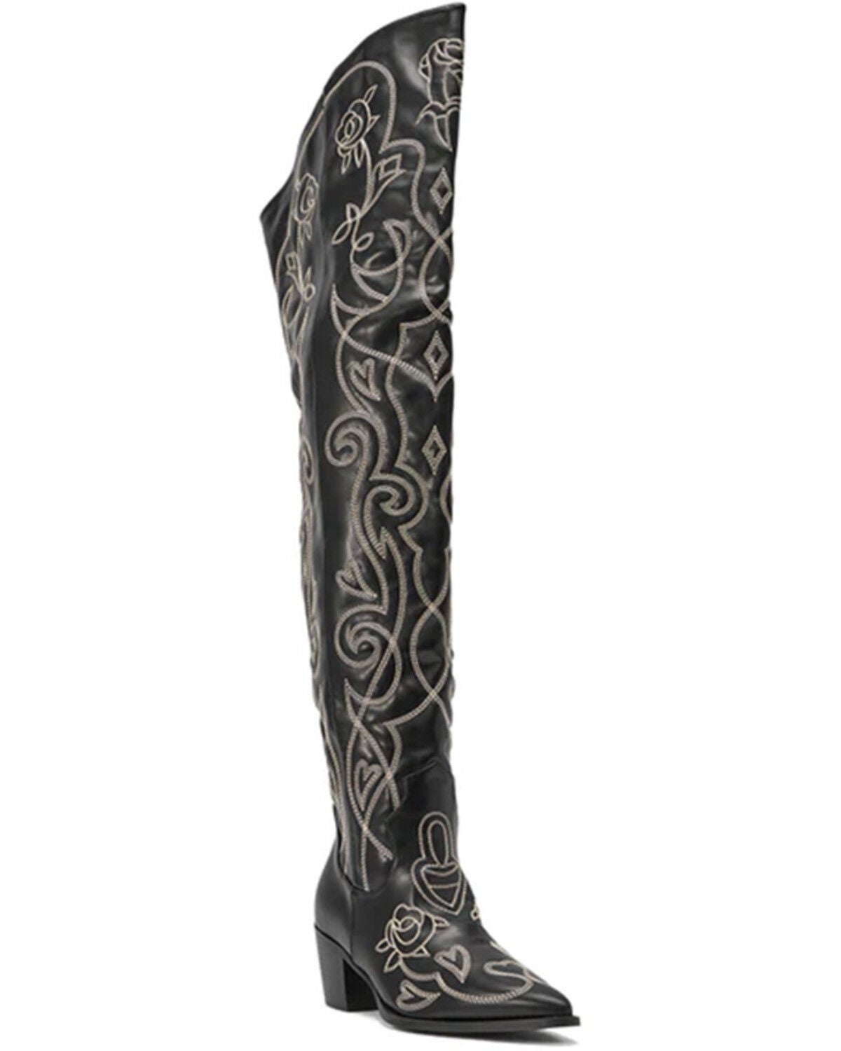 Image #1 - Azalea Wang Women's Kess Thigh High Western Boots - Snip Toe, Black, hi-res