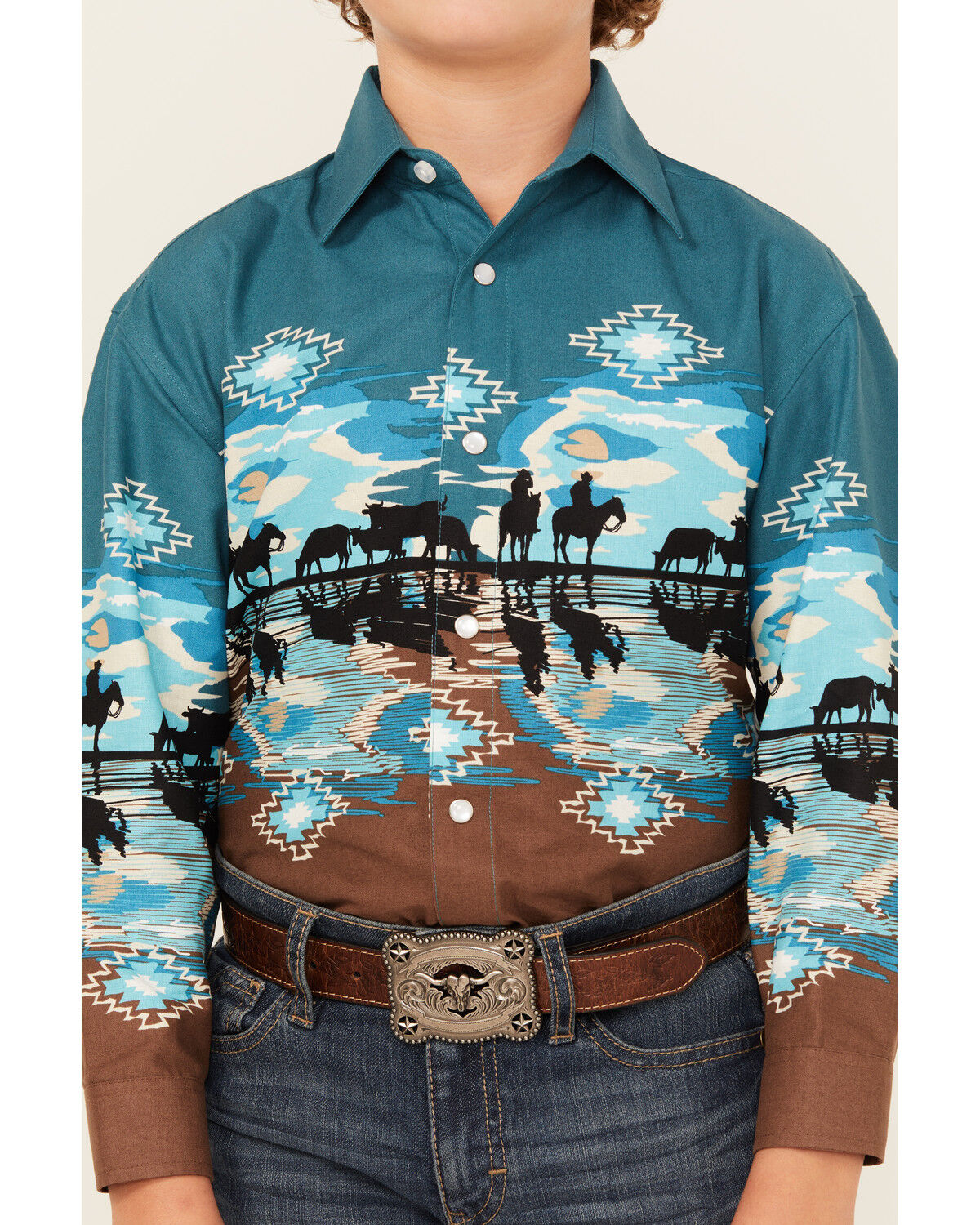 Image #3 - Panhandle Boys' Cowboy Border Print Long Sleeve Snap Western Shirt, Teal, hi-res