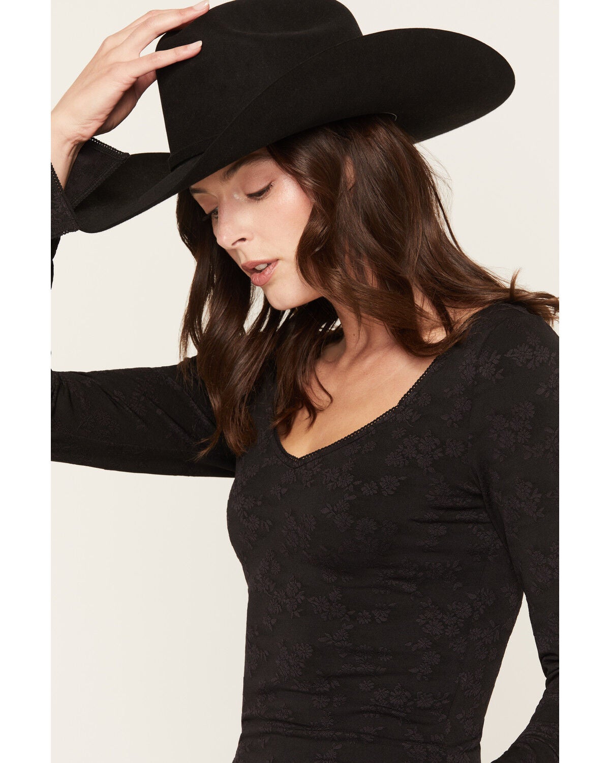 Image #2 - Idyllwind Women's Picot Trim Long Sleeve Top, Black, hi-res