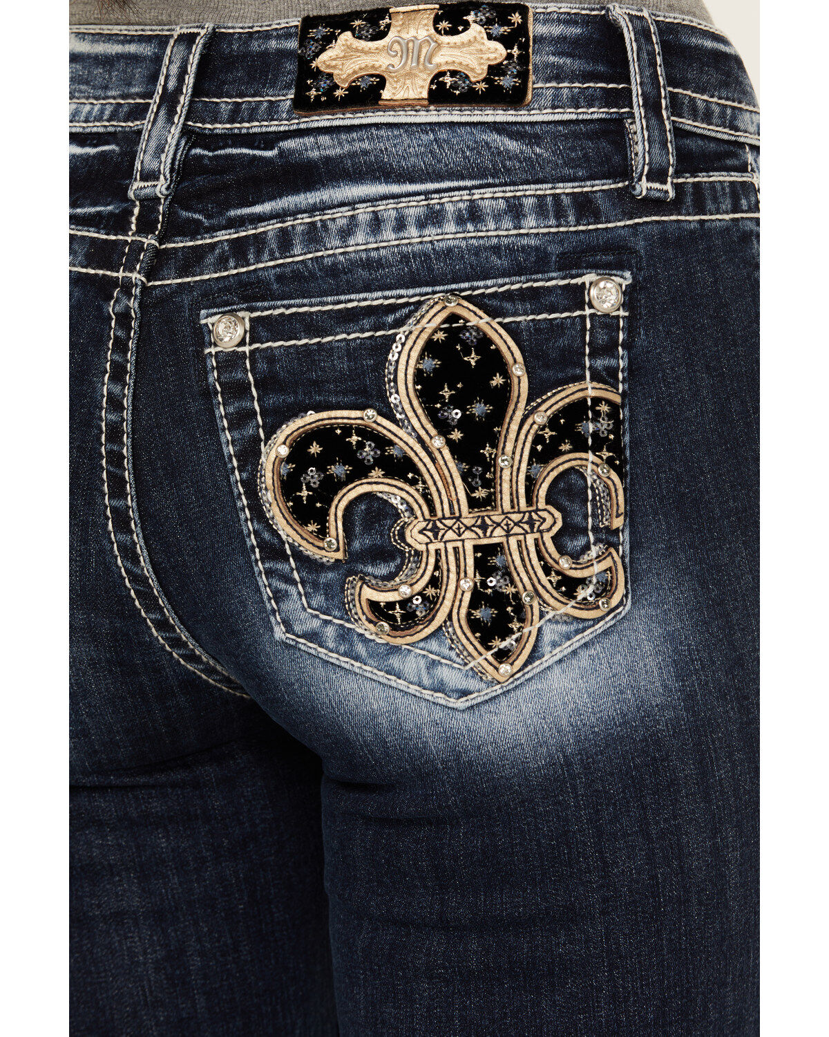 Image #2 - Miss Me Women's Dark Wash Mid Rise Fleur de Lis Bootcut Stretch Denim Jeans, , hi-res
