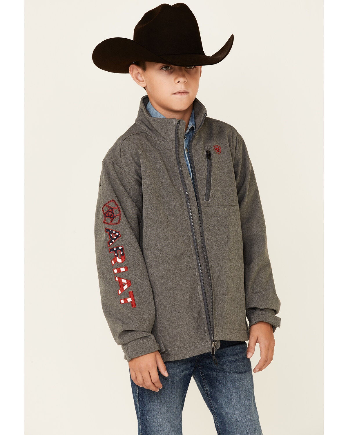 Ariat Boys' Americana Logo 2.0 Zip-Front Softshell Jacket, Charcoal, hi-res