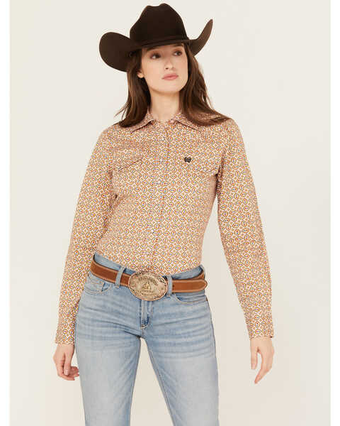 Cinch Women's Geo Print Long Sleeve Snap Western Shirt , Pink, hi-res