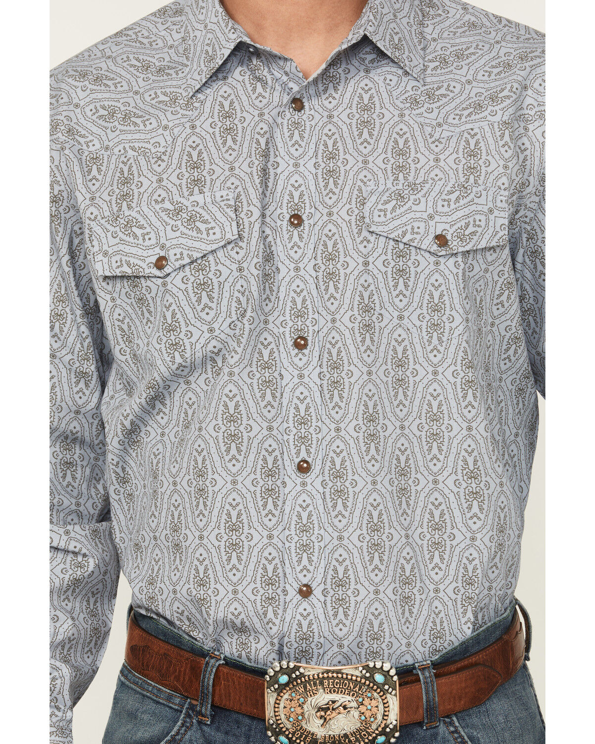 Image #3 - Gibson Trading Co Men's Ride The Wind Medallion Print Long Sleeve Snap Stretch Western Shirt, Light Blue, hi-res