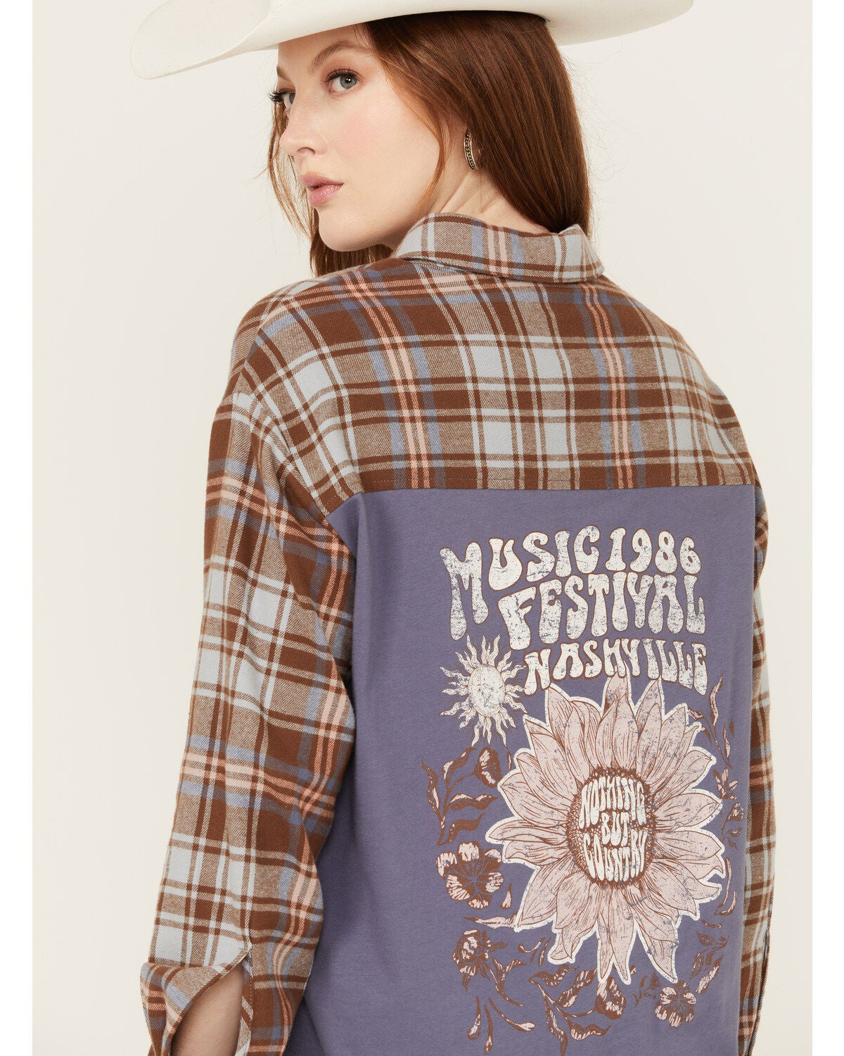 Cleo + Wolf Women's Mixed Media Plaid Print Button-Down Graphic Flannel Shirt, Indigo, hi-res