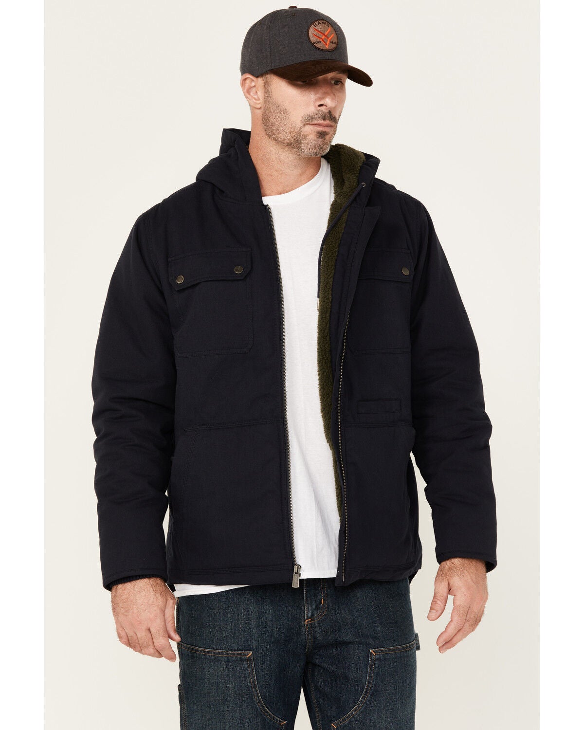 Lucky Brand Workwear Men's Sherpa Lined Hooded Canvas Chore Coat, Navy, hi-res