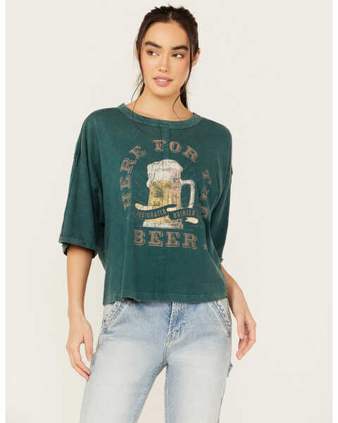 Cleo + Wolf Women's Aria Short Sleeve Boxy Cropped Graphic Tee, Forest Green, hi-res