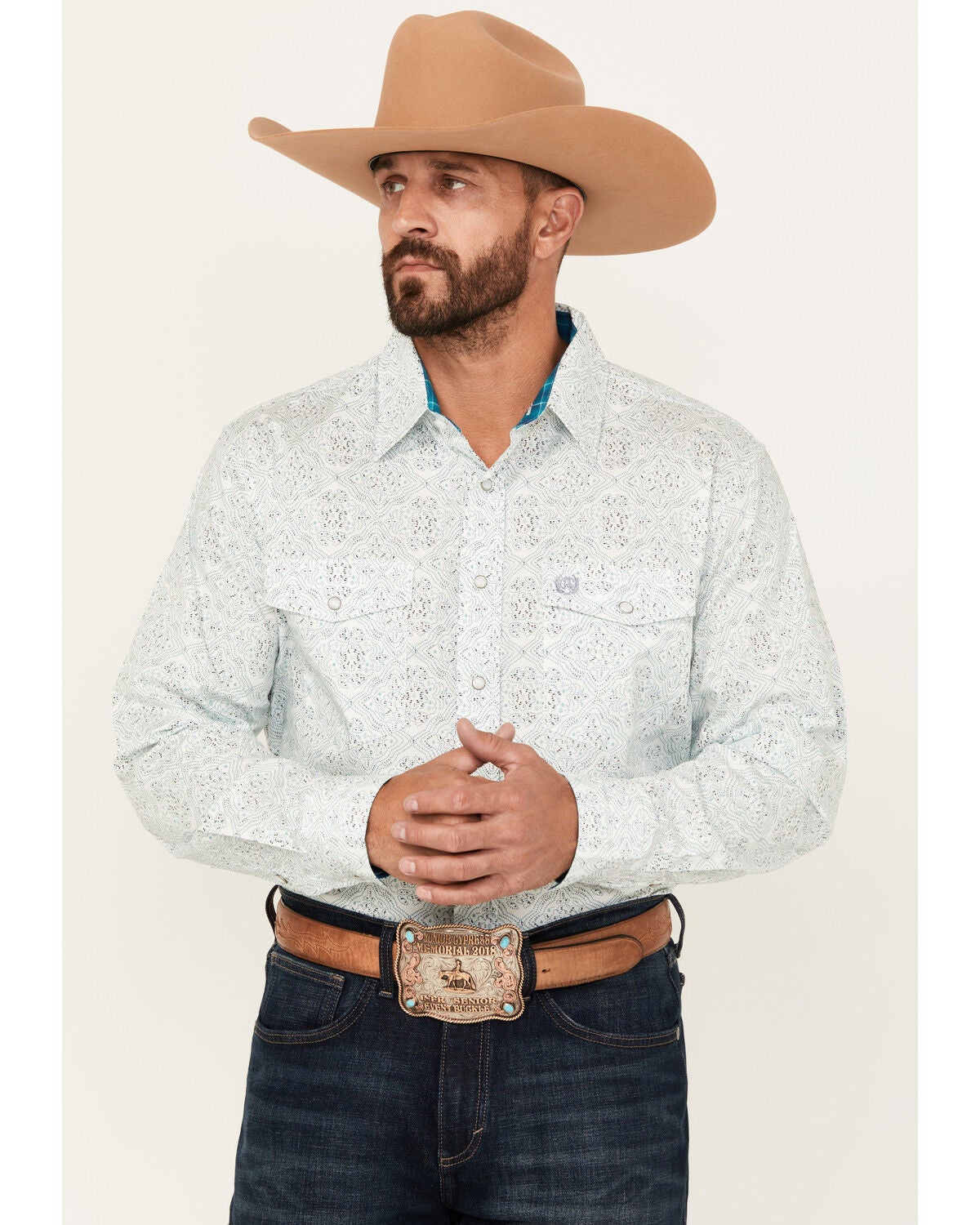 Panhandle Select Men's Medallion Print Long Sleeve Snap Stretch Western Shirt, White, hi-res