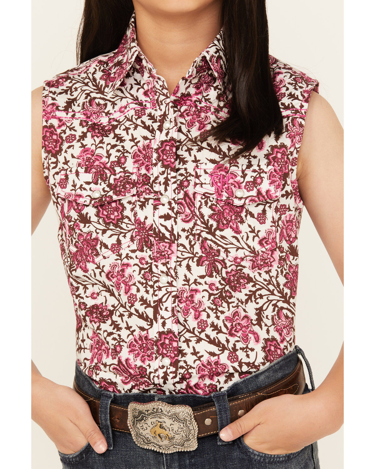 Image #3 - Cowgirl Hardware Girls' Floral Print Sleeveless Snap Western Shirt, Burgundy, hi-res