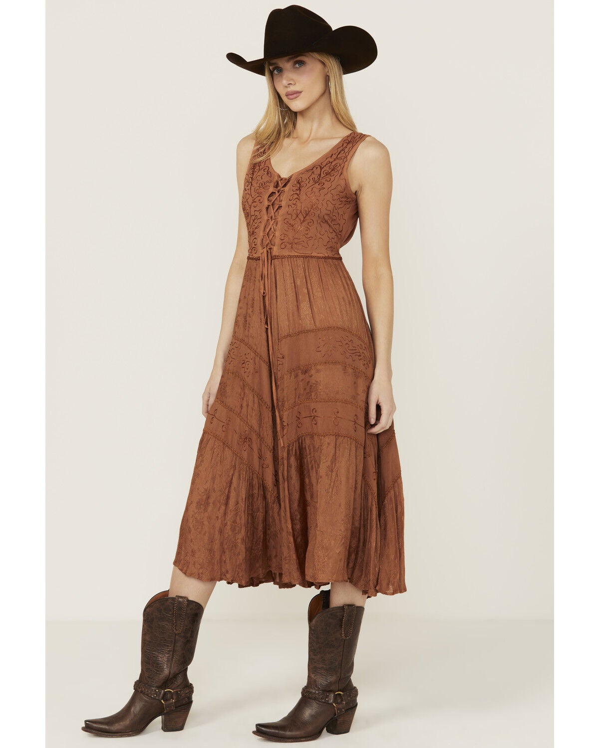 Scully Women's Lace-Up Jacquard Midi Dress, Copper, hi-res