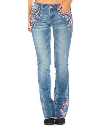 Grace in LA Women's Light Indigo Floral Embroidered Jeans - Boot Cut ...