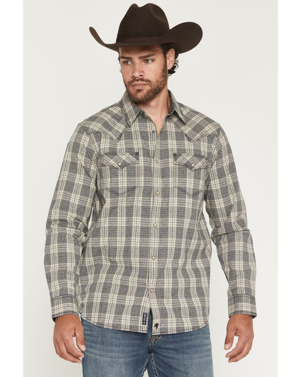 Moonshine Spirit&reg; Men's Sand Collar Plaid Print Long Sleeve Snap Western Shirt, Tan, hi-res