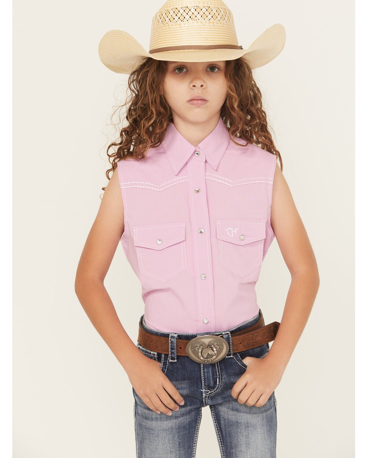 Cowgirl Hardware Girls' Solid Sleeveless Snap Western Shirt, Pink, hi-res