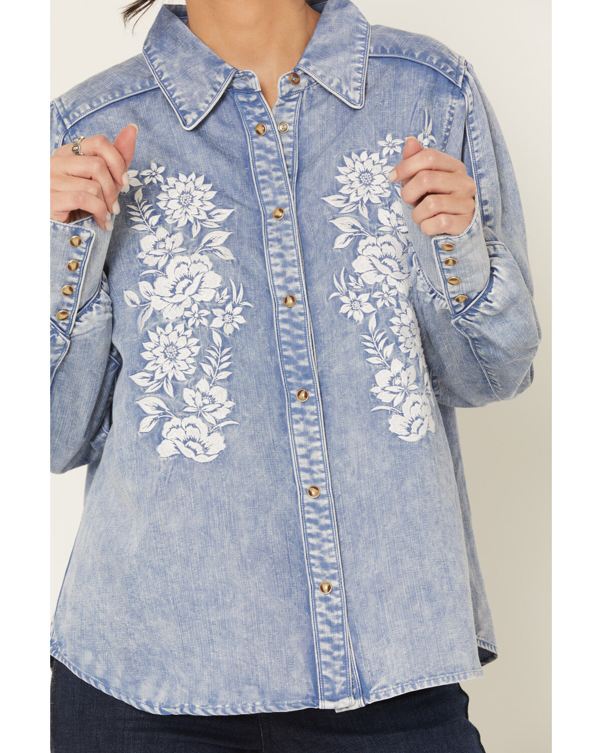 Image #3 - Kimes Ranch Women's Mae Floral Embroidered Long Sleeve Snap Relaxed Fit Western Shirt, Light Blue, hi-res