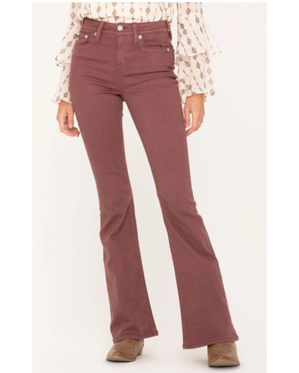 Image #1 - Miss Me Women's X-Shaped Flap Pocket High Rise Flare Jeans, Pink, hi-res