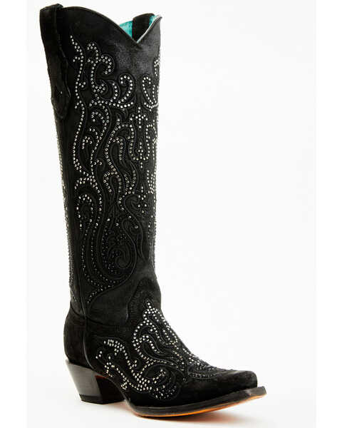 Corral Women's Crystal Embroidered Tall Western Boots - Snip Toe , Black, hi-res