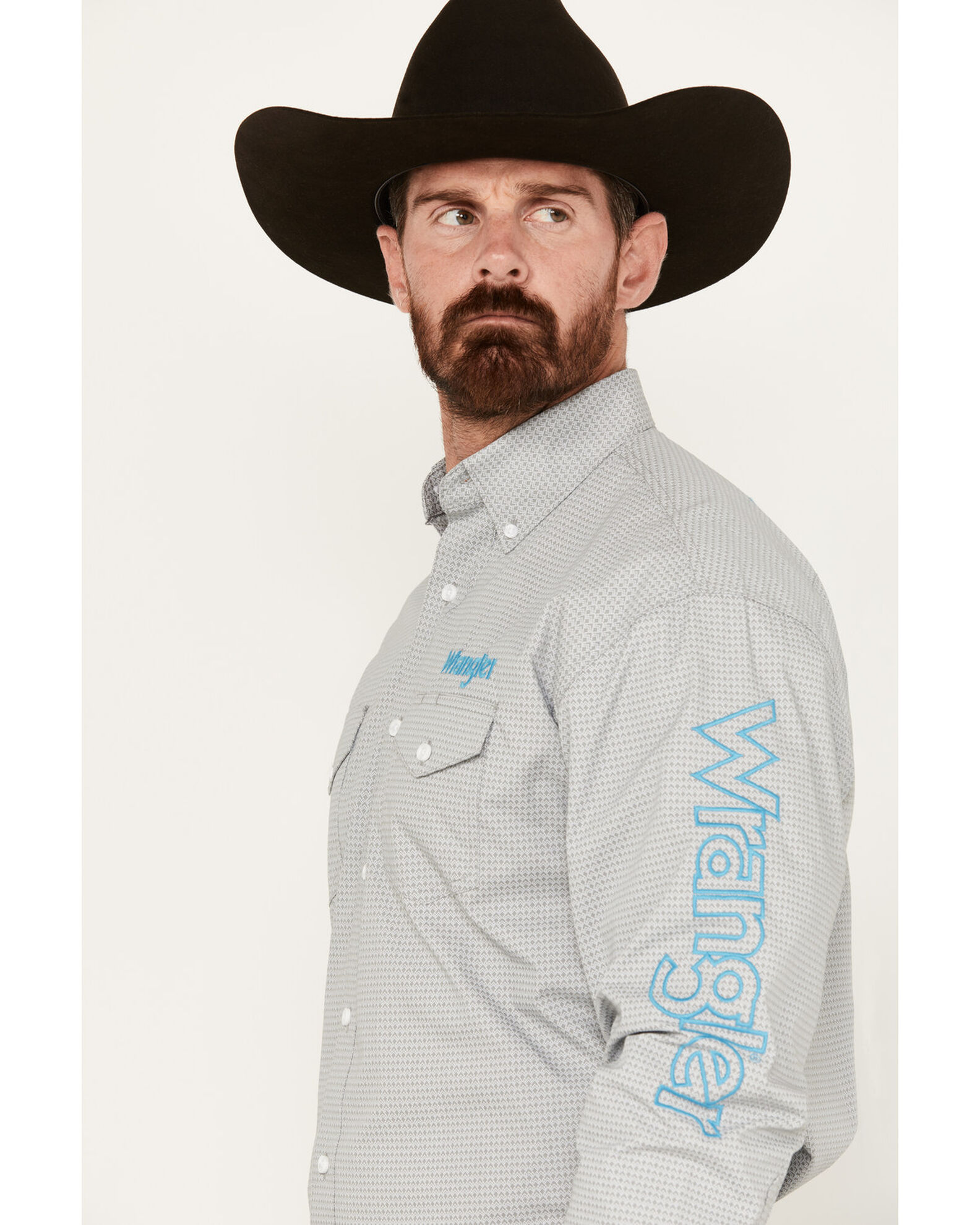 Product Name: Wrangler Men's Team Logo Geo Print Long Sleeve Button ...