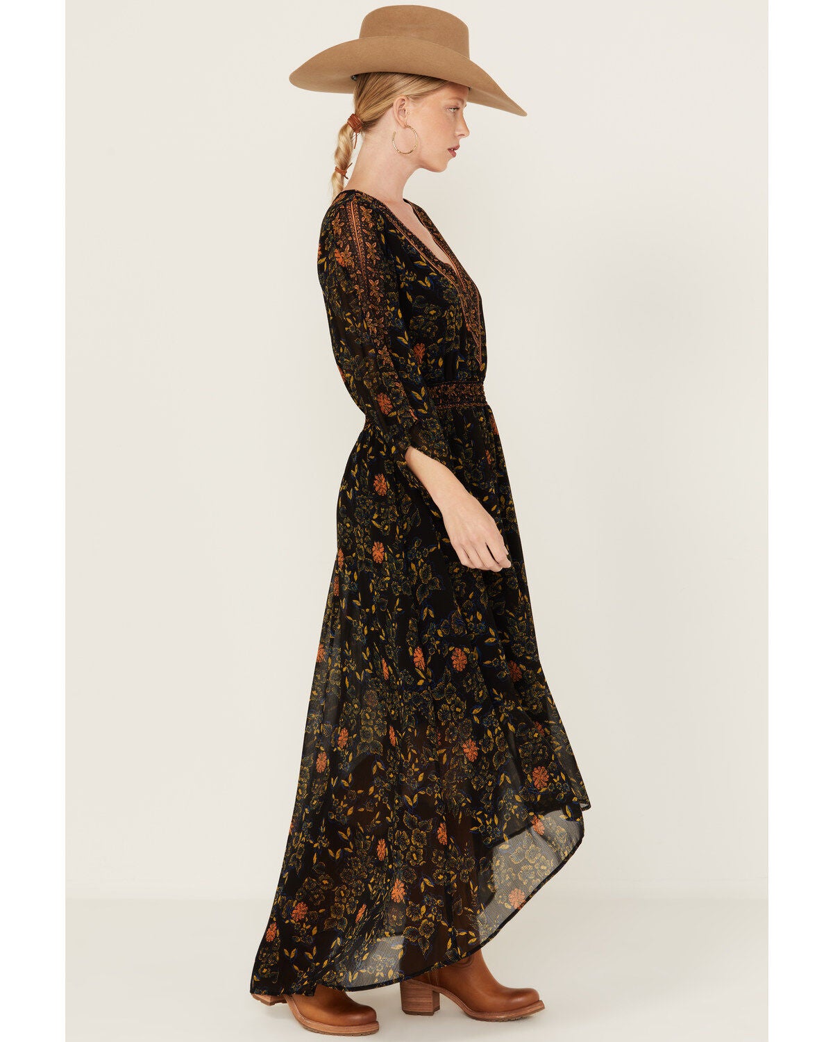 knee length dresses for ladies Rubienn Floral Border Print Side Open Maxi Dress main image 0