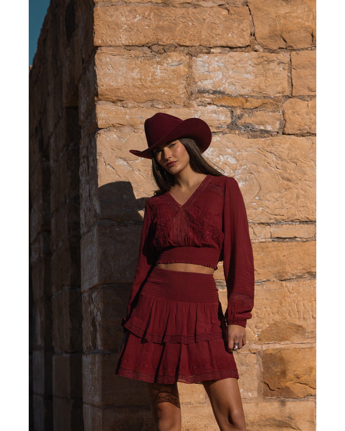 Shyanne Women's Embroidered Flutter Mini Skirt, Burgundy, hi-res