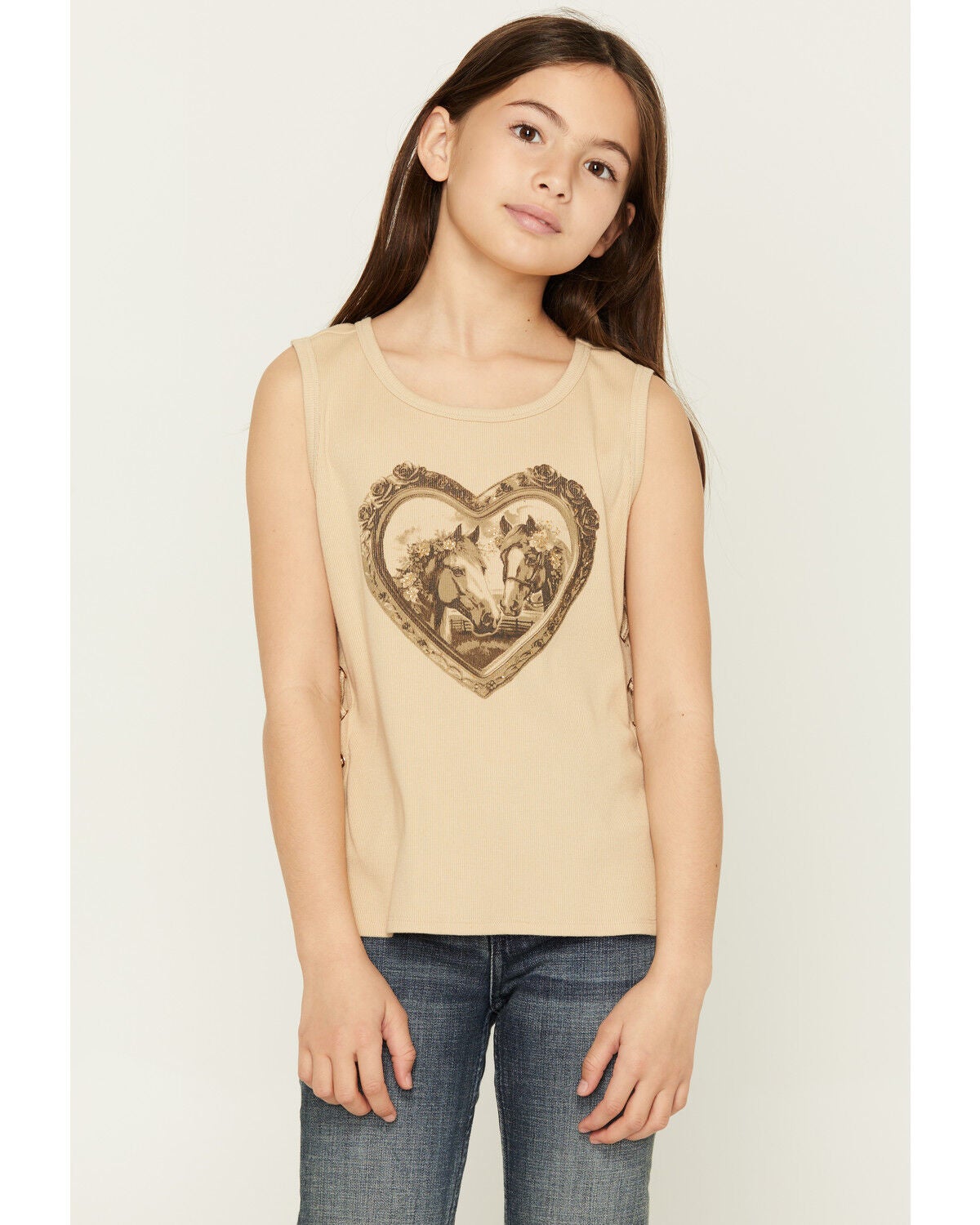 Buttercup Girls' Horse Lace-Up Tank, Brown, hi-res