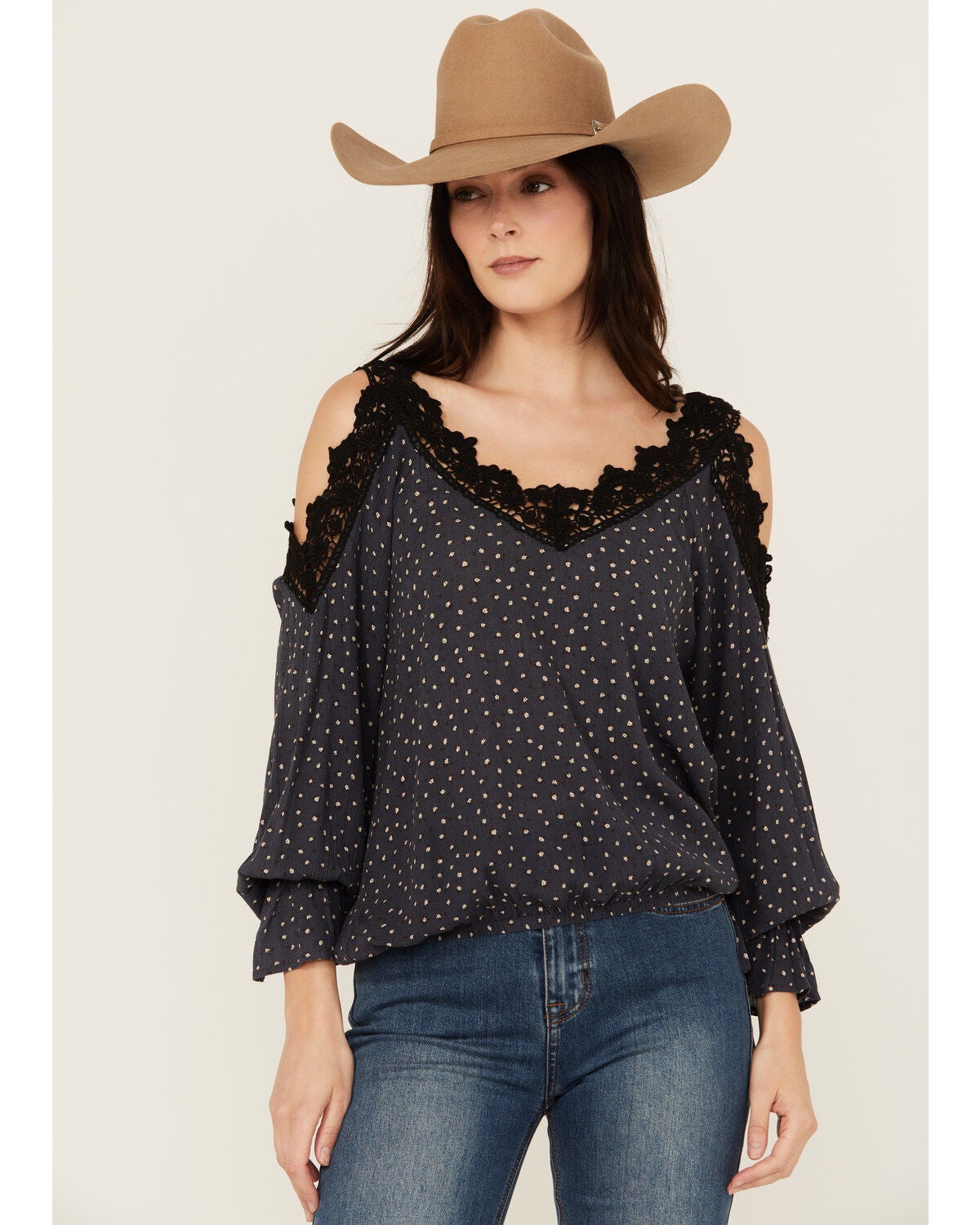 Wild Moss Women's Cold Shoulder Top, Navy, hi-res