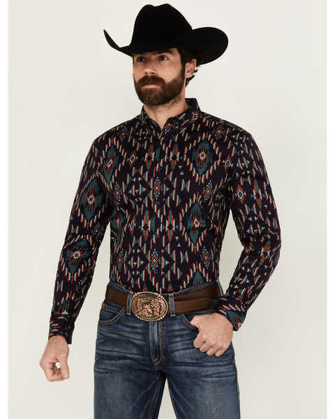 RANK 45® Men's Hilsborrow Southwester Print Long Sleeve Button-Down Stretch Western Shirt , Dark Blue, hi-res