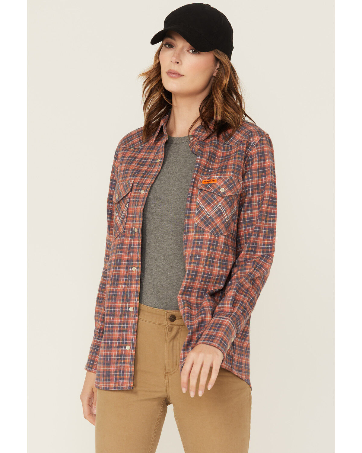 Wrangler Women's FR Plaid Print Long Sleeve Snap Work Shirt, Red, hi-res