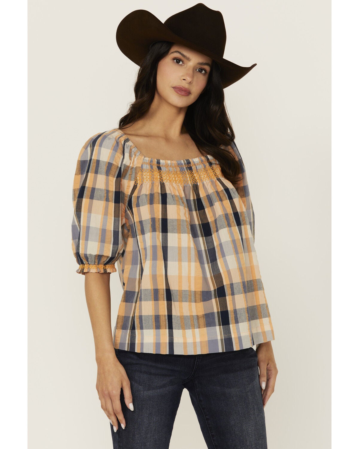 Cleo + Wolf Women's Bowie Plaid Print Short Sleeve Shirt, Light Orange, hi-res