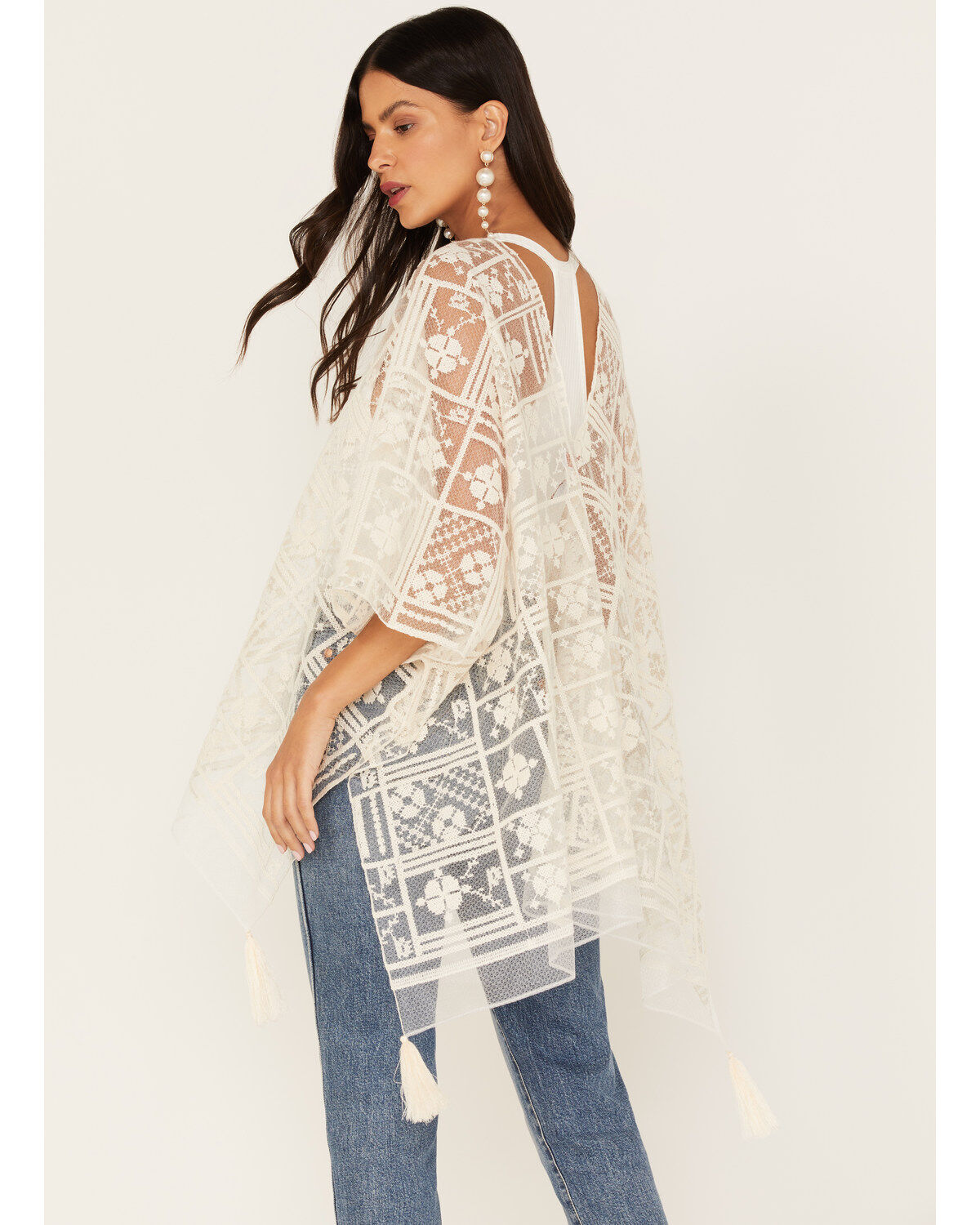 Image #4 - Shyanne Women's Lace Tassel Poncho, Ivory, hi-res