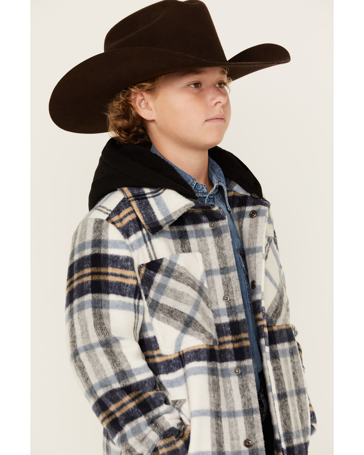 Image #2 - Urban Republic Boys' Plaid Print Sherpa Lined Hooded Shirt Jacket, White, hi-res