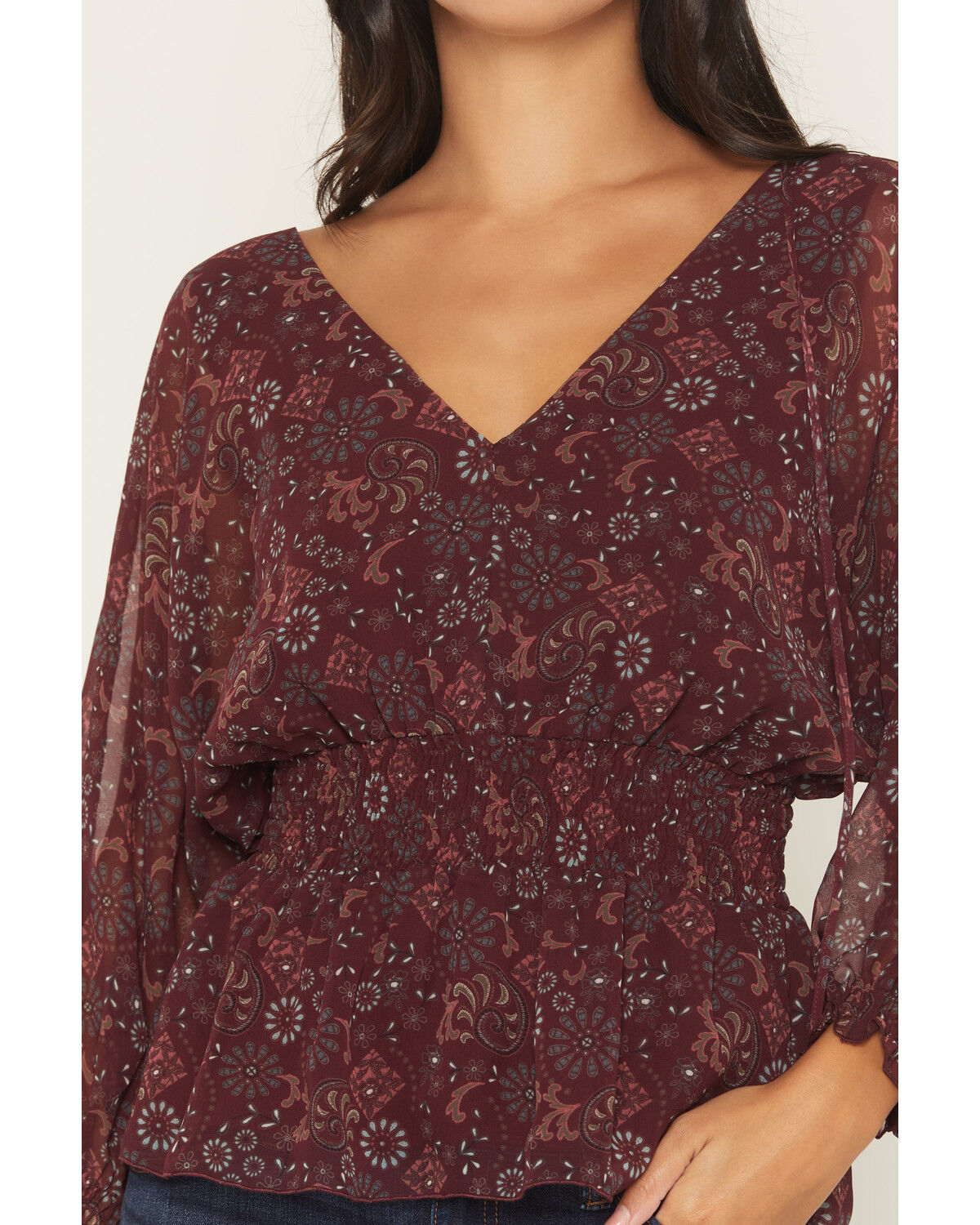 Image #3 - Shyanne Women's Roice Printed Chiffon Smocked Waist Top, Brick Red, hi-res