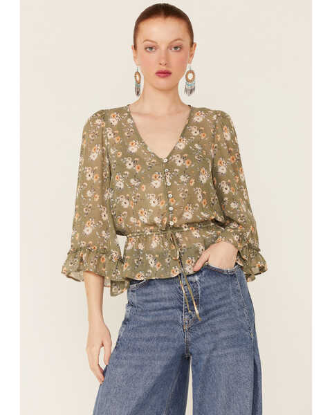 Wild Moss Women's Olive Floral Chiffon Bell Sleeve Blouse, Olive, hi-res