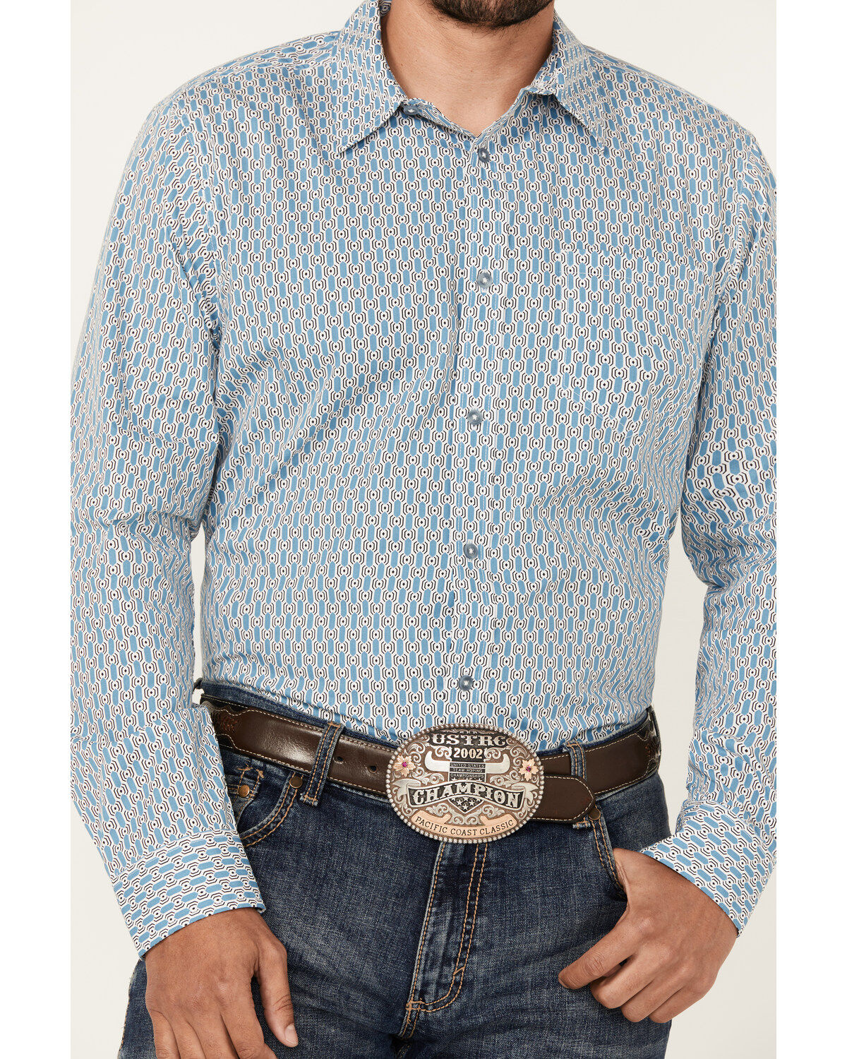 Image #3 - Gibson Trading Co Men's Bullseye Geo Print Long Sleeve Button-Down Western Shirt, Light Blue, hi-res