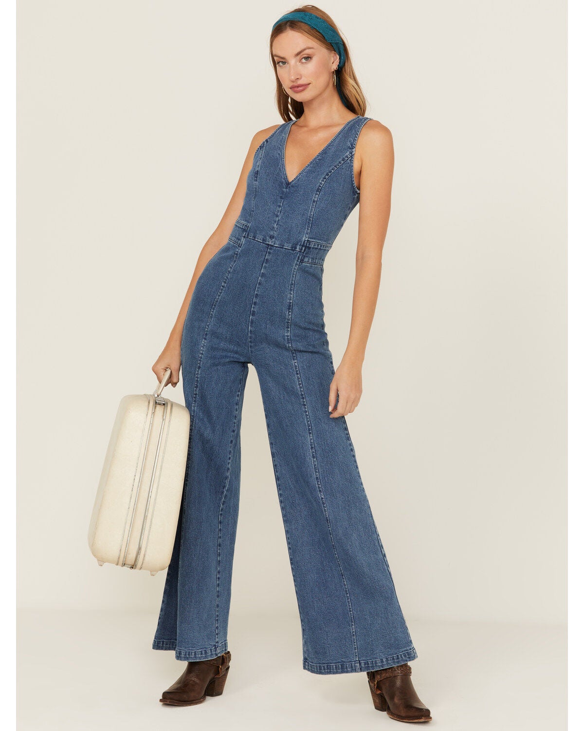 Flying Tomato Women's Denim Medium Wash Tie Back Jumpsuit, Medium Wash, hi-res