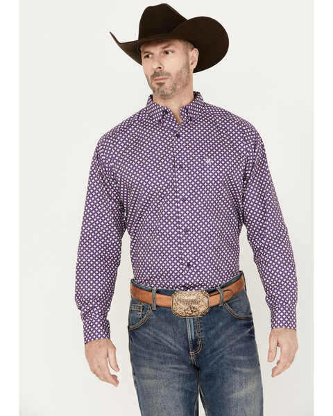 Ariat Men's Misael Geo Floral Long Sleeve Button Down Western Shirt - Tall, Purple, hi-res