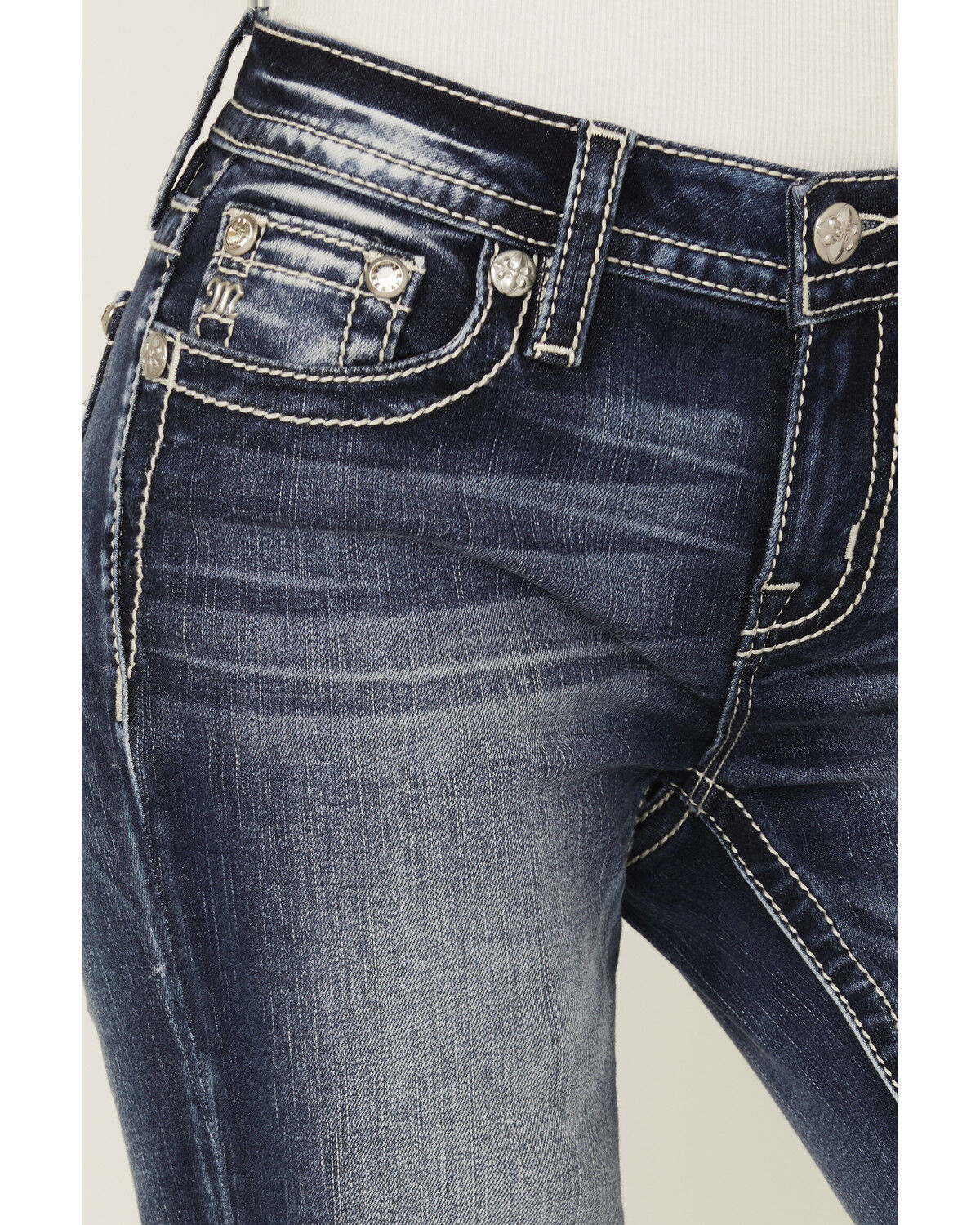 Image #4 - Miss Me Women's Dark Wash Mid Rise Flag Pocket Bootcut Stretch Denim Jeans, Dark Wash, hi-res