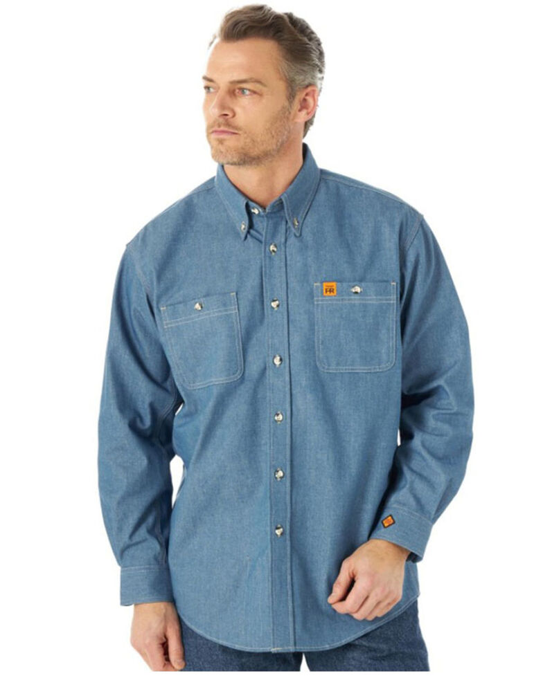 Wrangler FR Men's Solid Blue Chambray Long Sleeve Button-Down Work ...
