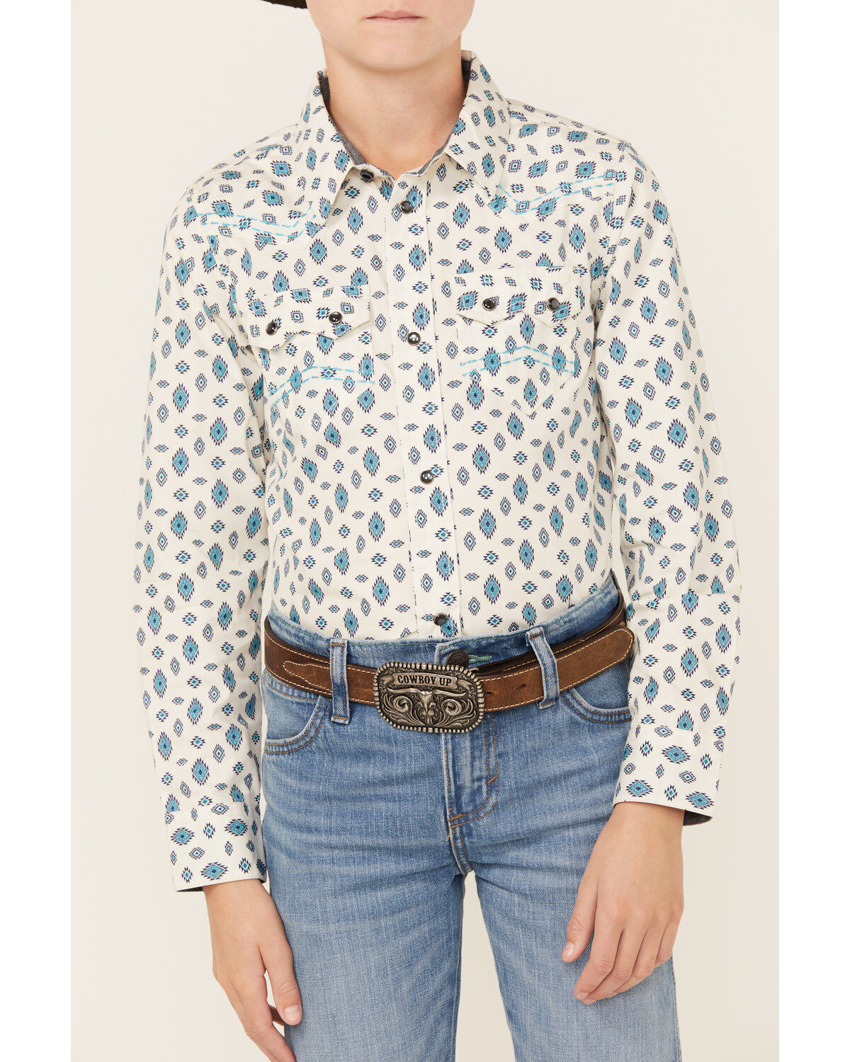 Image #2 - Cody James Boys' Geo Print Long Sleeve Snap Western Shirt, Ivory, hi-res