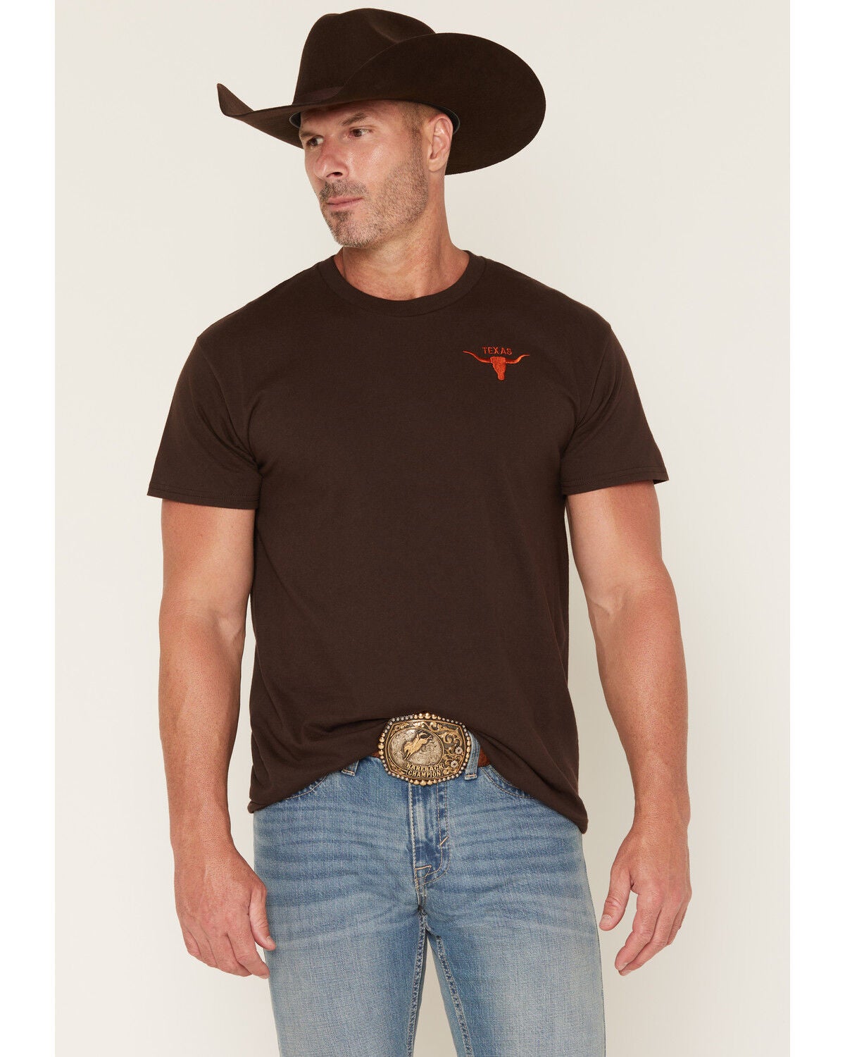 Cody James Men's Texas Long Horn Embroidered Short Sleeve Graphic T-Shirt, Dark Brown, hi-res