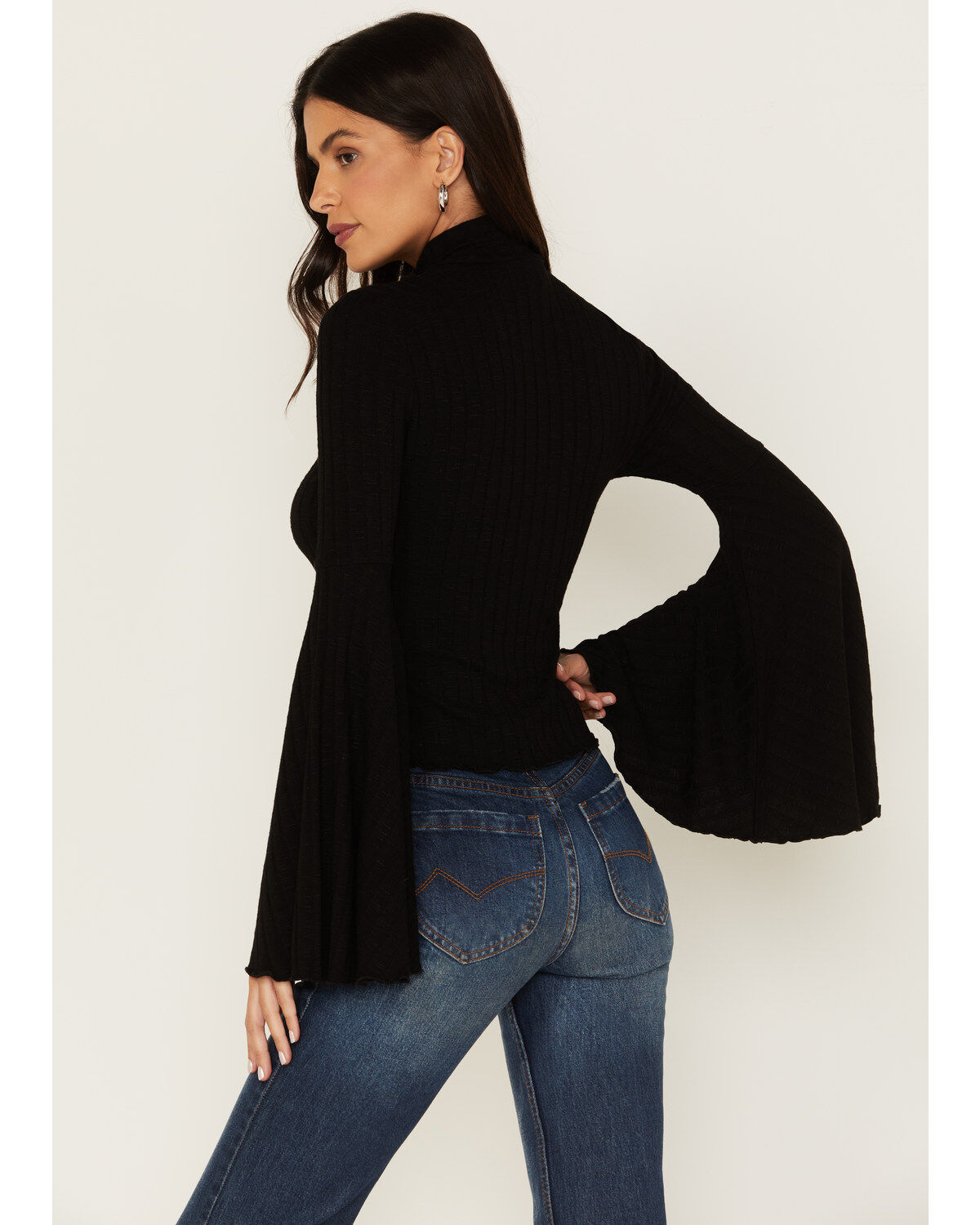 Image #4 - Shyanne Women's Rib Knit Mock Neck Bell Sleeve Top, Black, hi-res