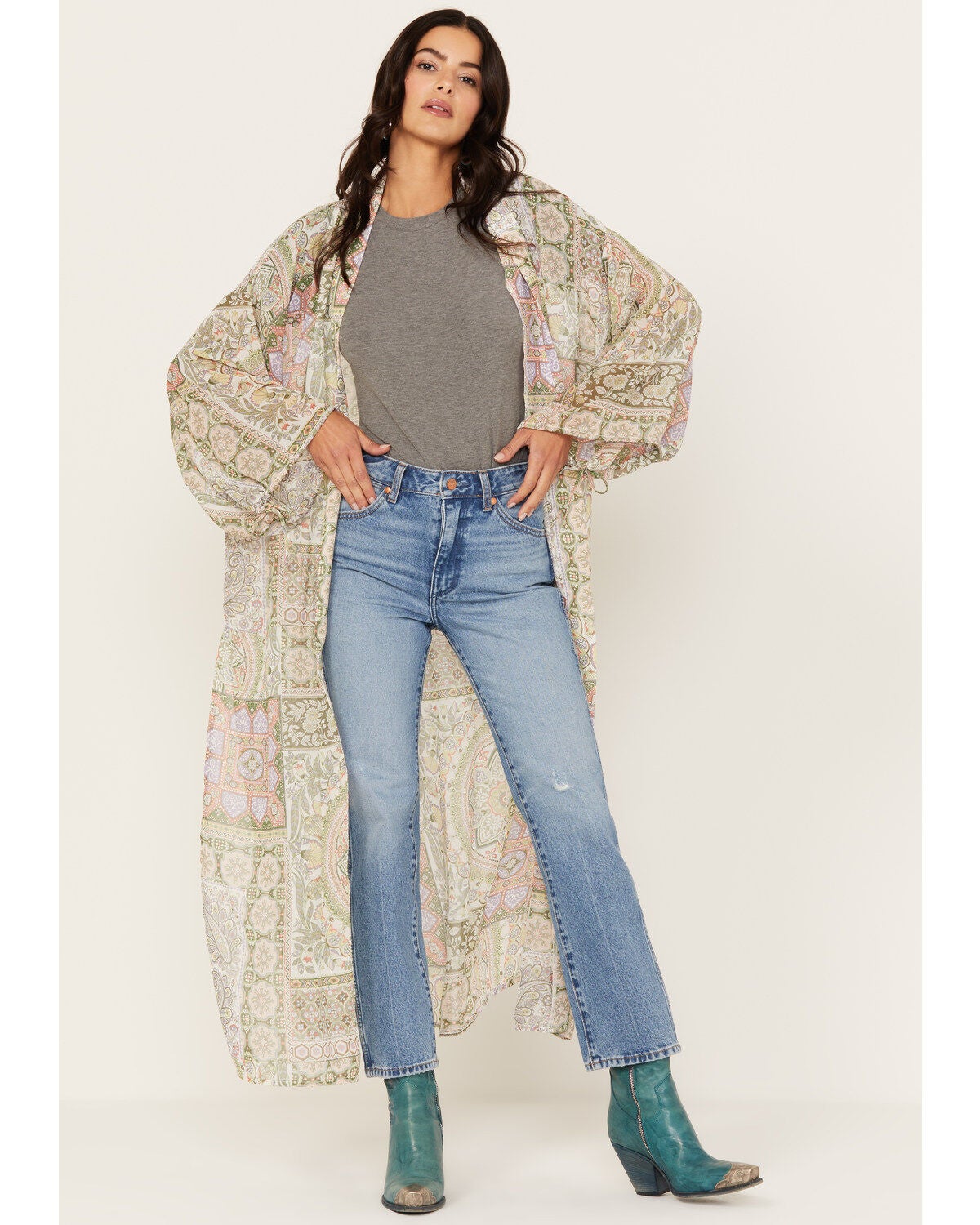 Shyanne Women's Printed Woven Kimono, Sage, hi-res