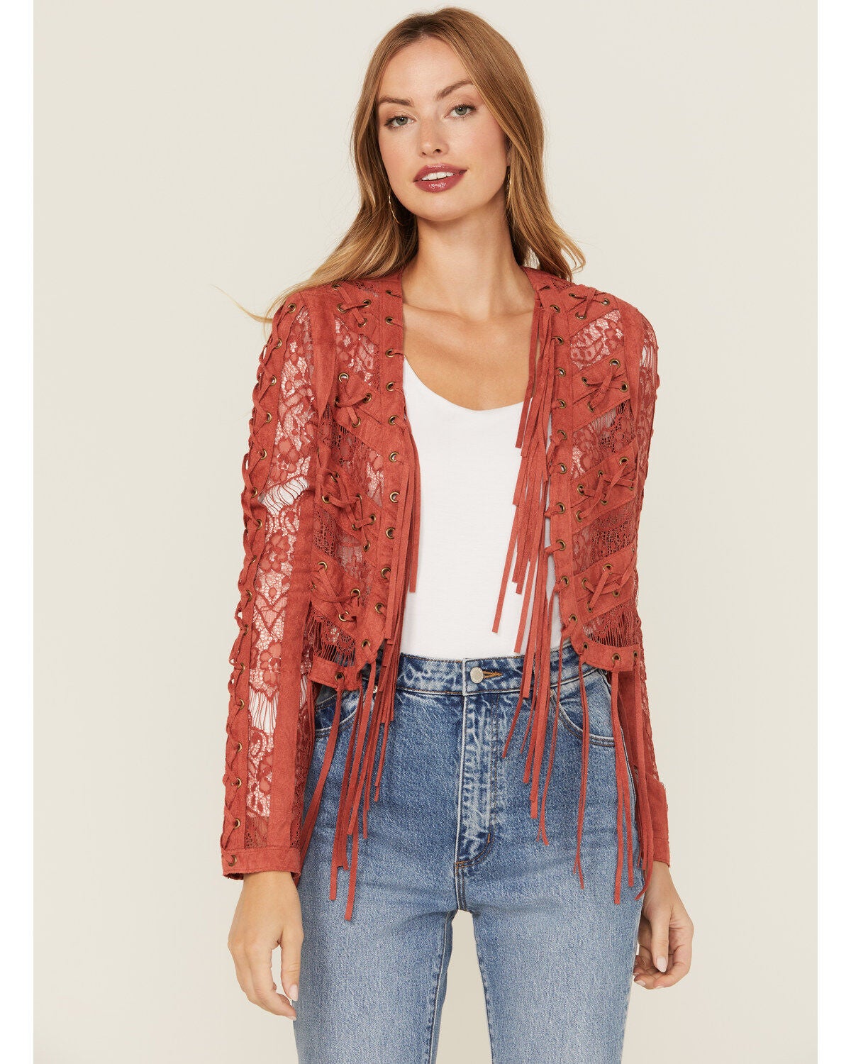 Vocal Women's Suede Tassel Jacket, Brick Red, hi-res