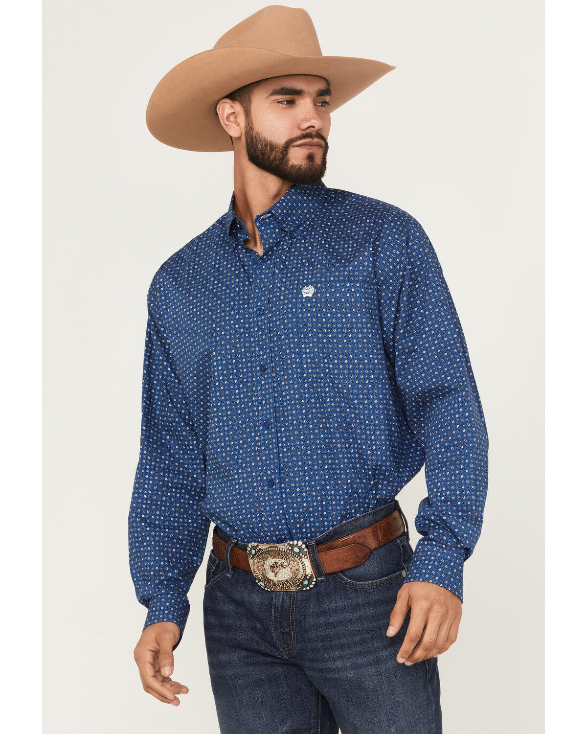 Cinch Men's Geo Print Long Sleeve Button-Down Stretch Western Shirt, Blue, hi-res